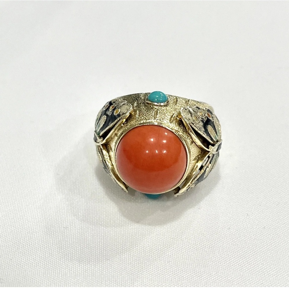 Solid 14K Yellow Gold Red Coral Dome Ring